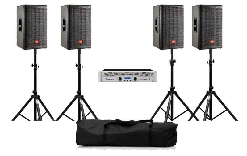 Système 1600 W 4 JBL MRX515 + ampli XTI2000 Crown avec pieds