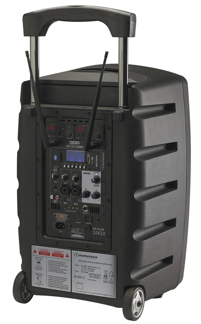 Enceinte sur batterie CR25A 250W Audiophony, 2 micros HF, lecteur MP3/USB + pied back