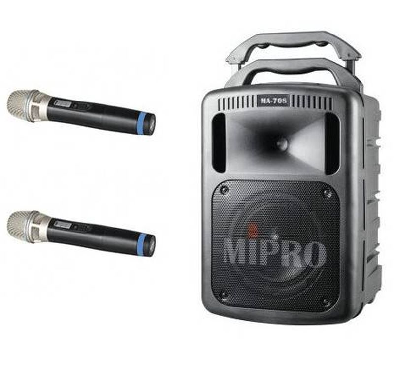 Enceinte sur batterie MIPRO 100W, micros HF, lecteur CD MP3/USB + pied -  C-E-C